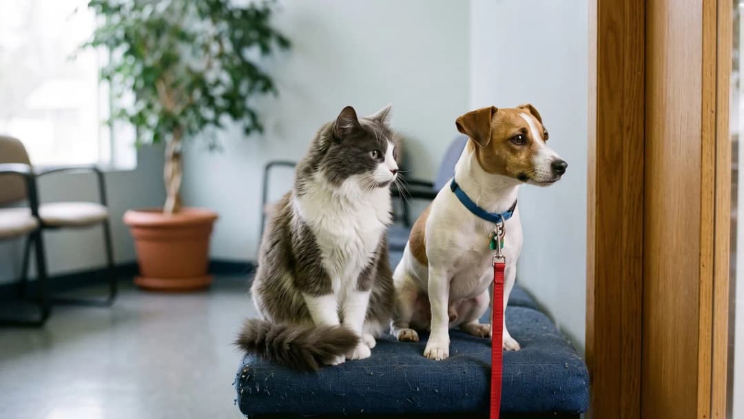 A grey and white cat and a small Jack Russell terrier sit side by side on a bench in a veterinary clinic waiting room.
