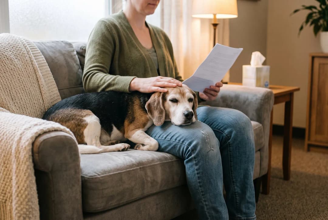A senior Beagle with a grey muzzle rests across its owner's lap on a sofa in a quiet clinic room while the owner reads a folded sheet of paper.